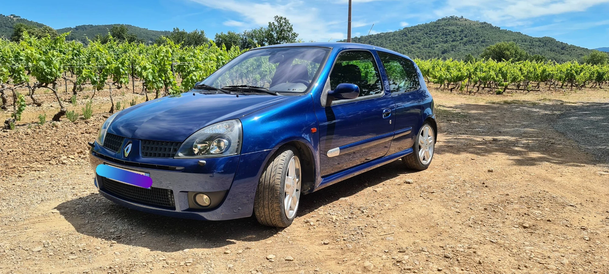 Clio RS Bleu Méthyl en trois quarts avant dans les vignes